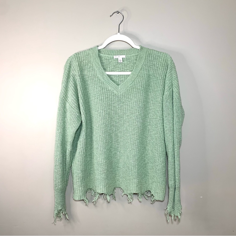 Cato Light Green Distressed V-Neck Fringe Hem Ribbed Knit Sweater L Boho Vibes